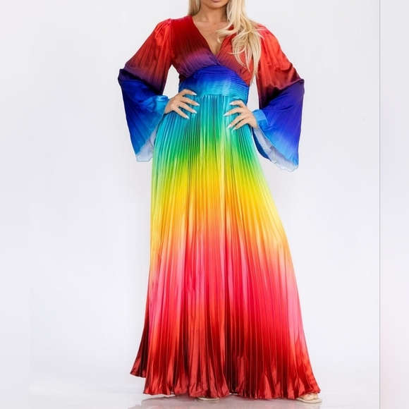 Rainbow Ombre Satin Pleated Womens Long Bell Sleeve V-Neck Colorblock - Picture 5 of 5
